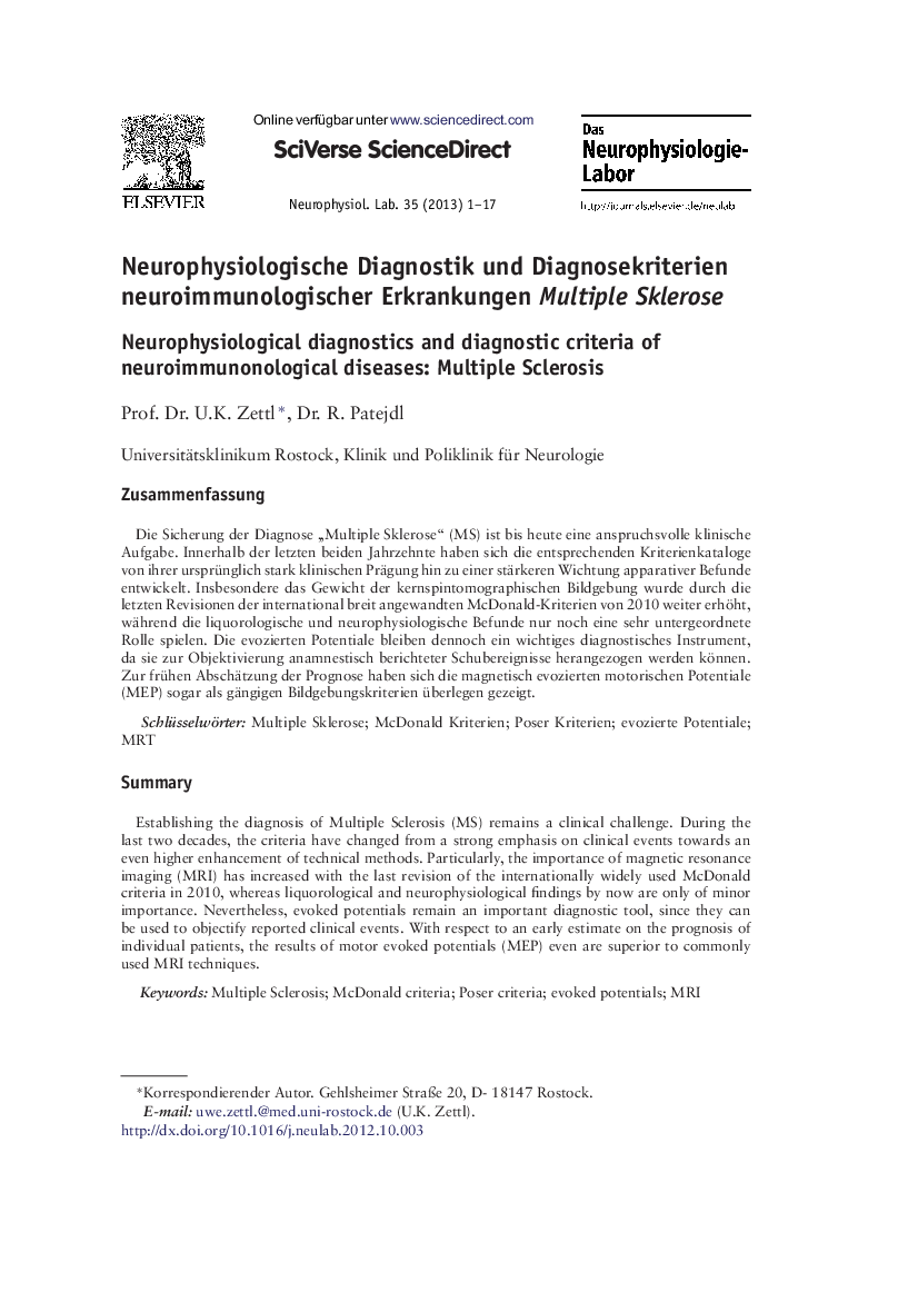 Neurophysiologische Diagnostik und Diagnosekriterien neuroimmunologischer Erkrankungen Multiple Sklerose