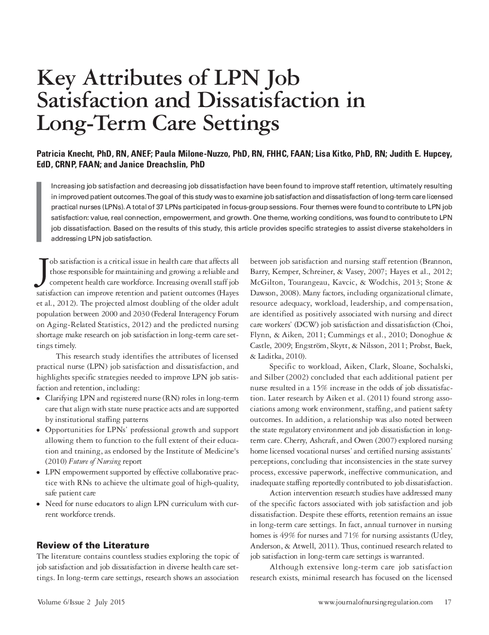 عکس صفحه اول مقاله: Key Attributes of LPN Job Satisfaction and Dissatisfaction in Long-Term Care Settings Key Attributes of LPN Job Satisfaction and Dissatisfaction in Long-Term Care Settings
