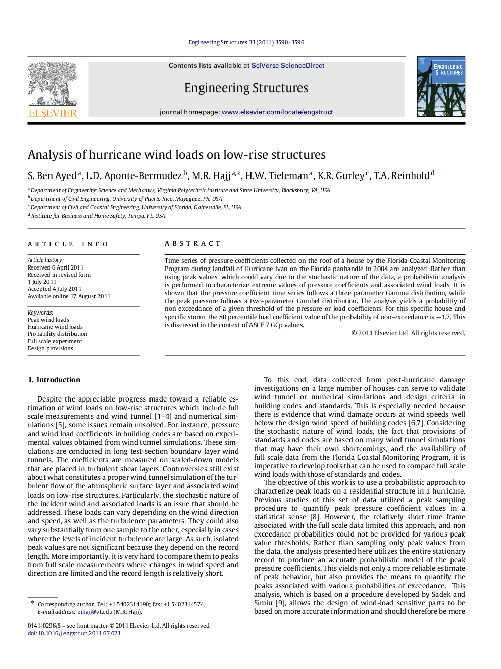 Analysis of hurricane wind loads on low-rise structures