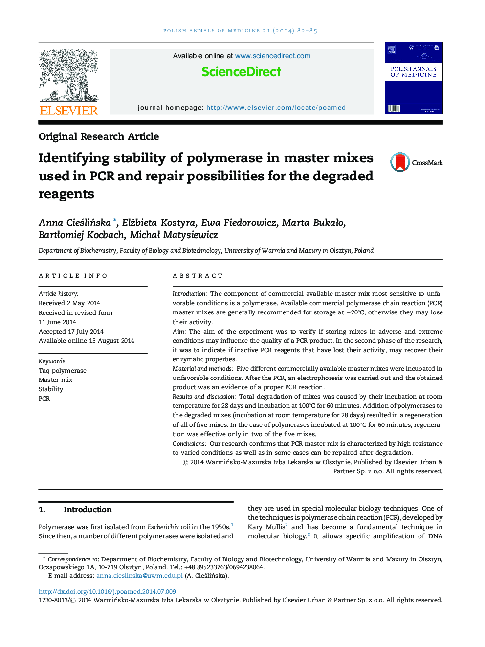 شناسایی پایداری پلیمراز در مخلوط های اصلی مورداستفاده در PCR و قابلیت های تعمیر برای واکنش های تجزیه شده