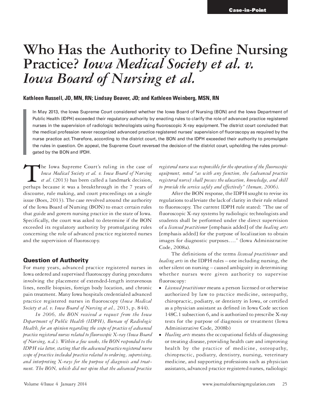 عکس صفحه اول مقاله: Who Has the Authority to Define Nursing Practice? Iowa Medical Society et al. v. Iowa Board of Nursing et al. Who Has the Authority to Define Nursing Practice? Iowa Medical Society et al. v. Iowa Board of Nursing et al.