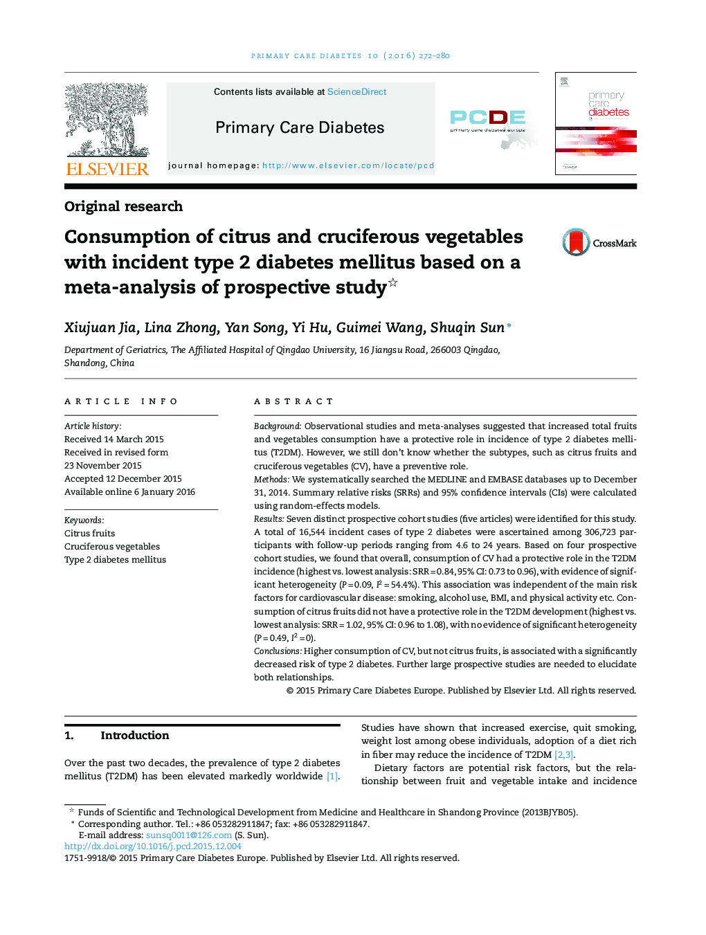 Consumption of citrus and cruciferous vegetables with incident type 2 diabetes mellitus based on a meta-analysis of prospective study 