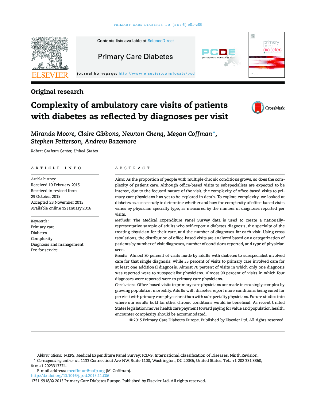 Complexity of ambulatory care visits of patients with diabetes as reflected by diagnoses per visit