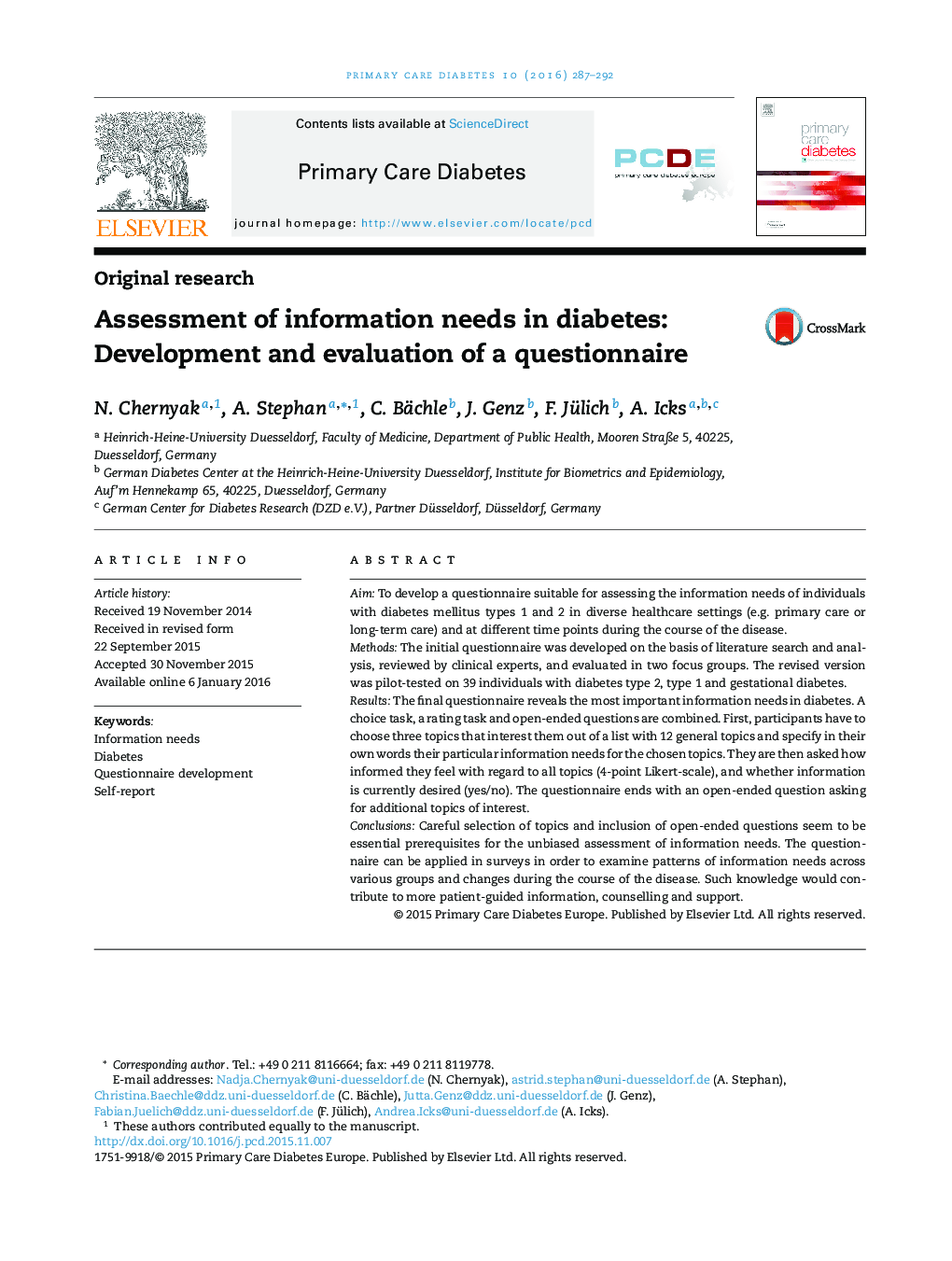 Assessment of information needs in diabetes: Development and evaluation of a questionnaire