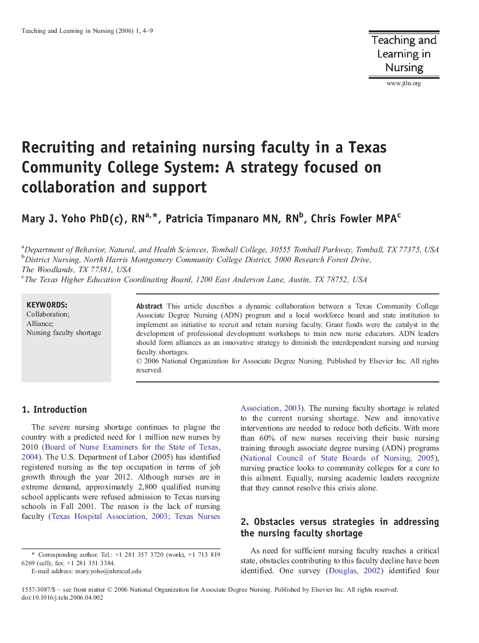 Recruiting and retaining nursing faculty in a Texas Community College System: A strategy focused on collaboration and support