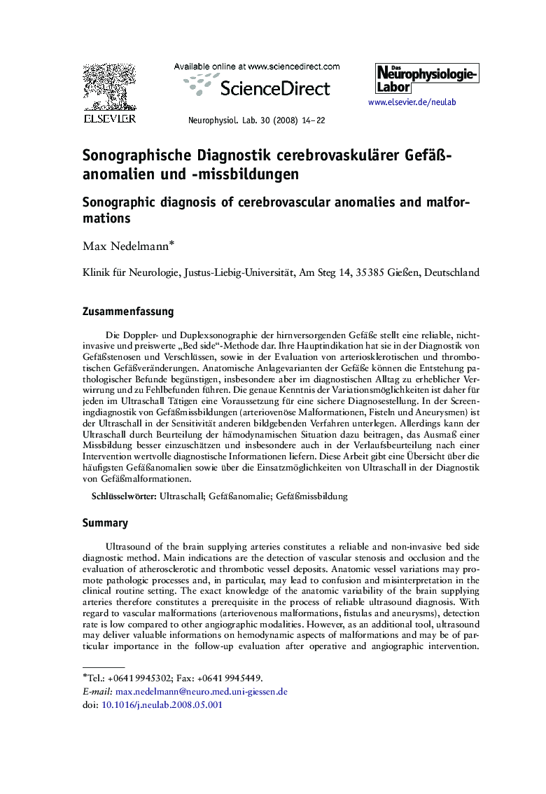 Sonographische Diagnostik cerebrovaskulärer Gefäßanomalien und -missbildungen