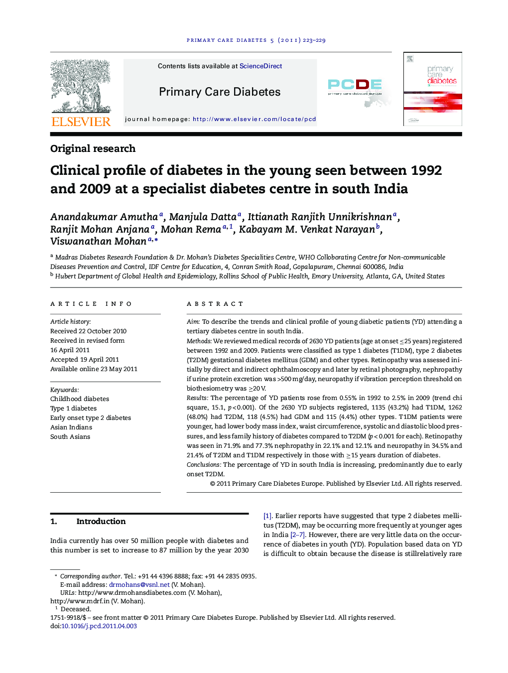 Clinical profile of diabetes in the young seen between 1992 and 2009 at a specialist diabetes centre in south India