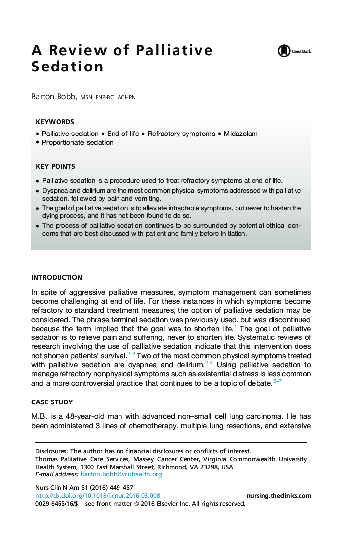 A Review of Palliative Sedation