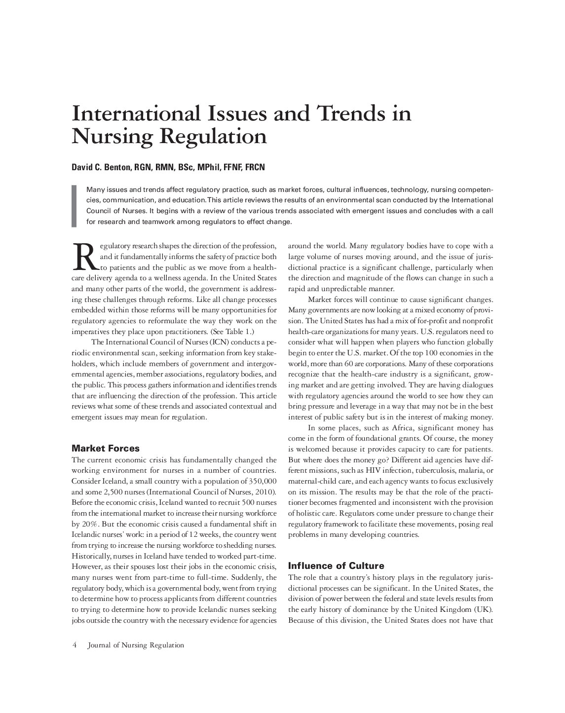 عکس صفحه اول مقاله: International Issues and Trends in Nursing Regulation International Issues and Trends in Nursing Regulation