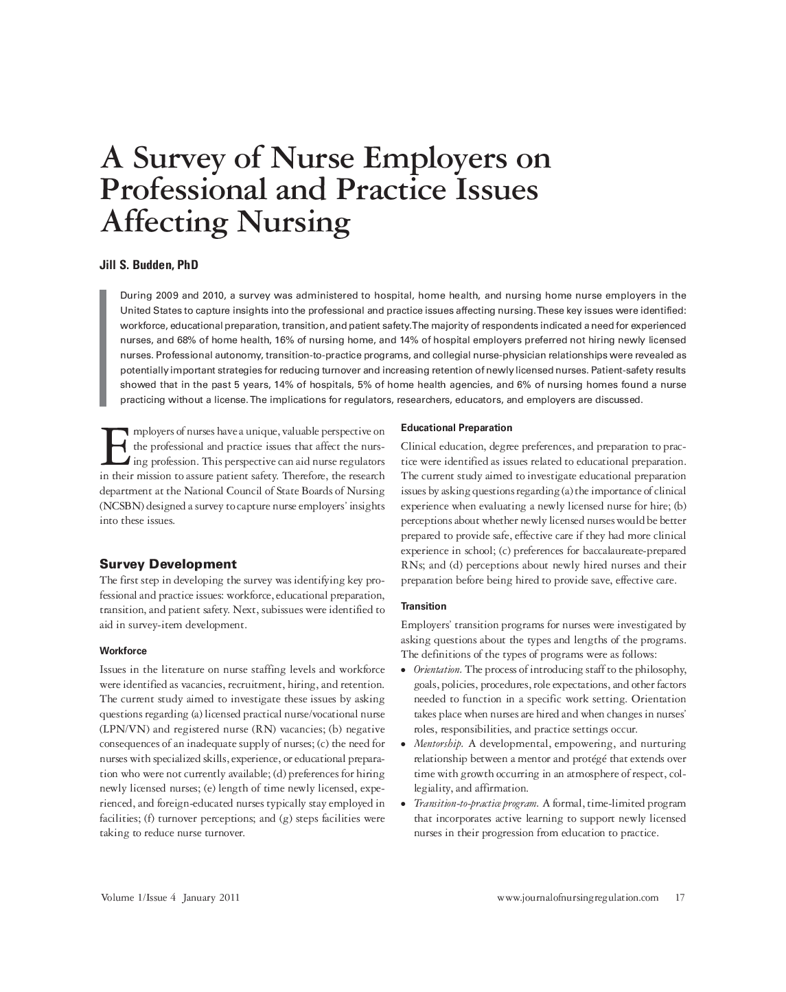 عکس صفحه اول مقاله: A Survey of Nurse Employers on Professional and Practice Issues Affecting Nursing A Survey of Nurse Employers on Professional and Practice Issues Affecting Nursing