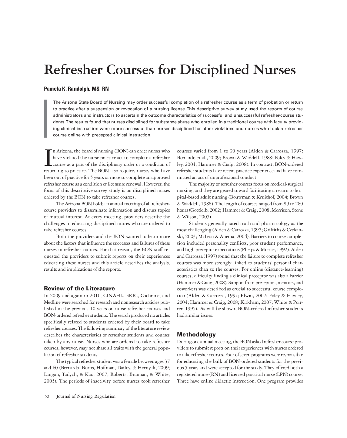 عکس صفحه اول مقاله: Refresher Courses for Disciplined Nurses Refresher Courses for Disciplined Nurses