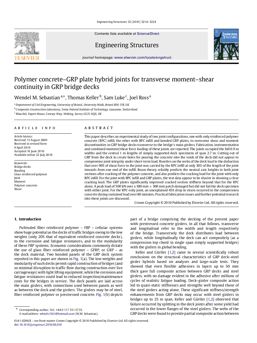 Polymer concrete–GRP plate hybrid joints for transverse moment–shear continuity in GRP bridge decks