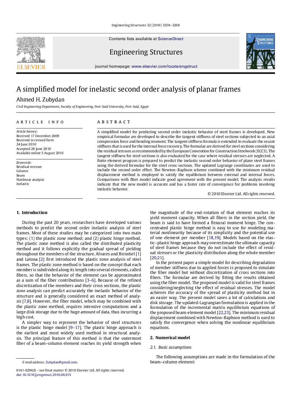 A simplified model for inelastic second order analysis of planar frames