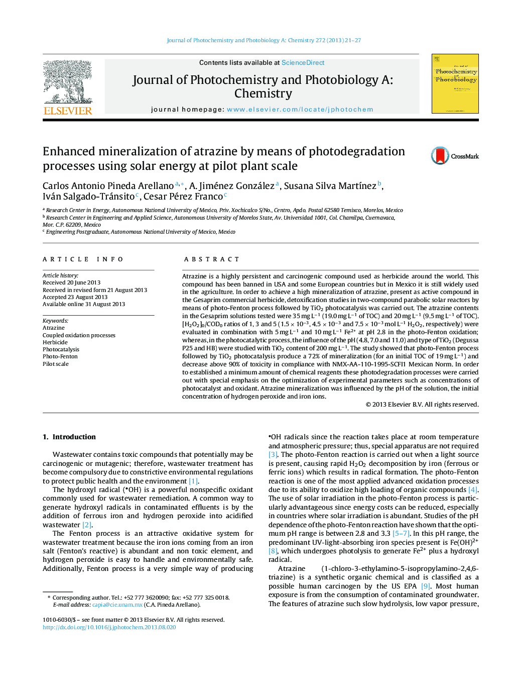 Enhanced mineralization of atrazine by means of photodegradation processes using solar energy at pilot plant scale