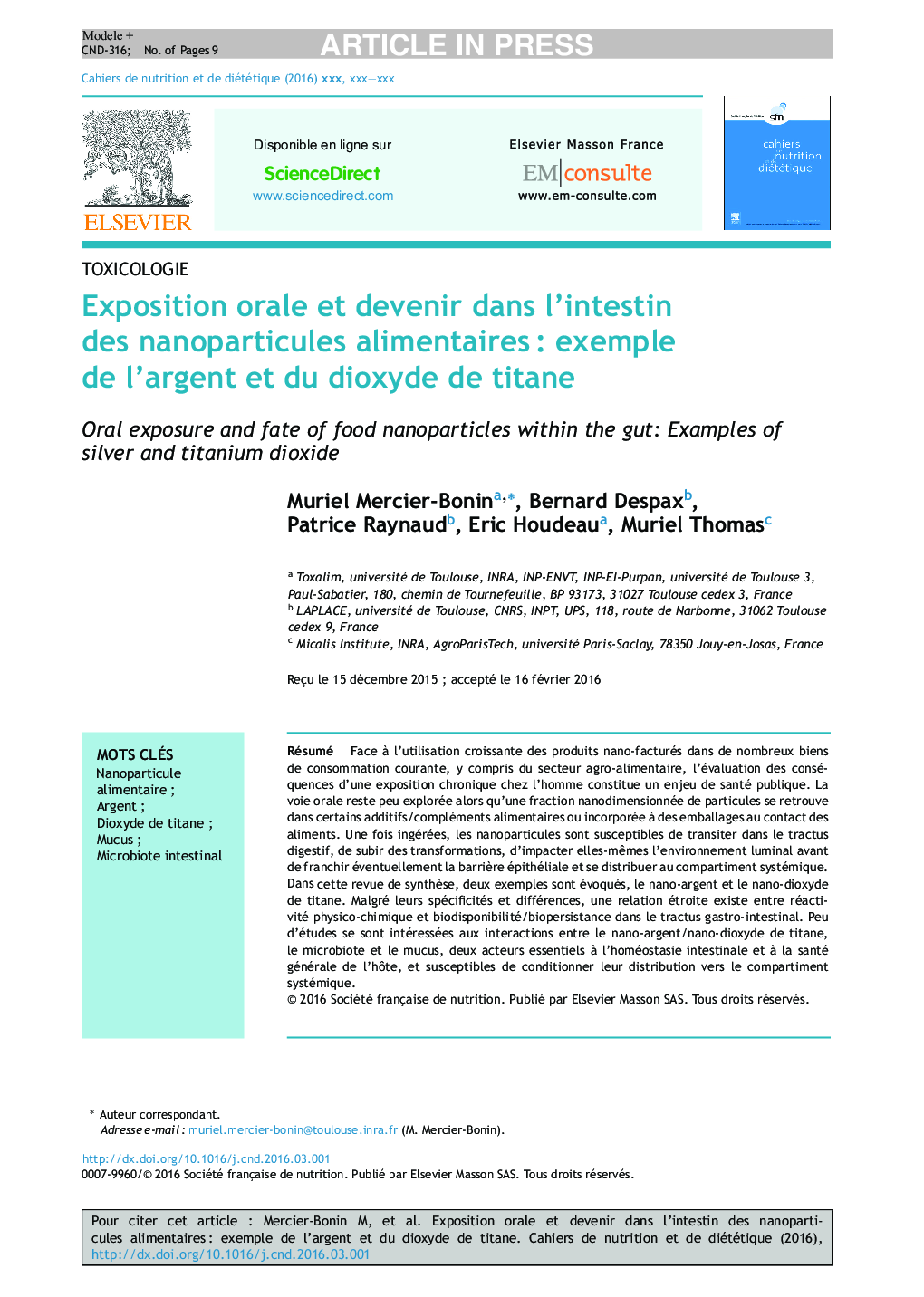 Exposition orale et devenir dans l'intestin des nanoparticules alimentairesÂ : exemple de l'argent et du dioxyde de titane