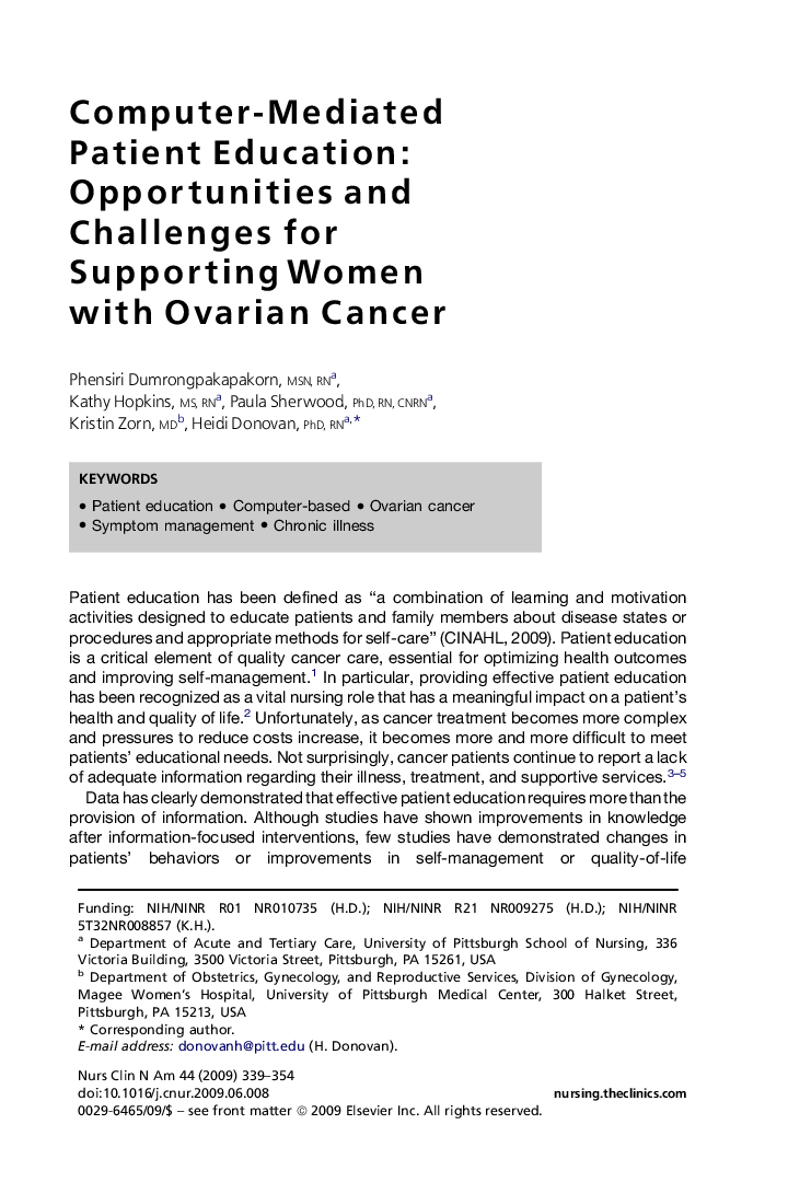 Computer-Mediated Patient Education: Opportunities and Challenges for Supporting Women with Ovarian Cancer