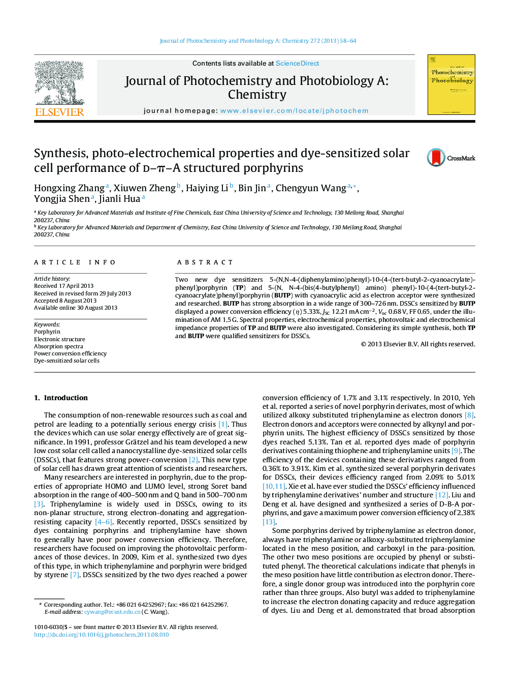 Synthesis, photo-electrochemical properties and dye-sensitized solar cell performance of d–π–A structured porphyrins