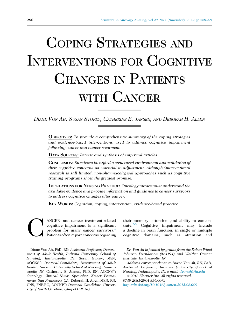 Coping Strategies and Interventions for Cognitive Changes in Patients with Cancer 