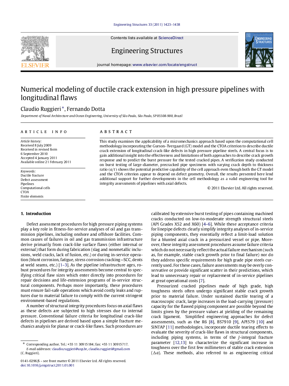 Numerical modeling of ductile crack extension in high pressure pipelines with longitudinal flaws