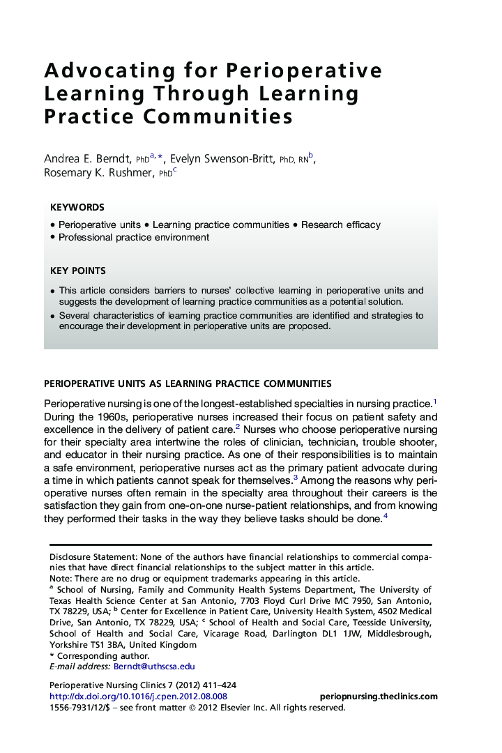 Advocating for Perioperative Learning Through Learning Practice Communities