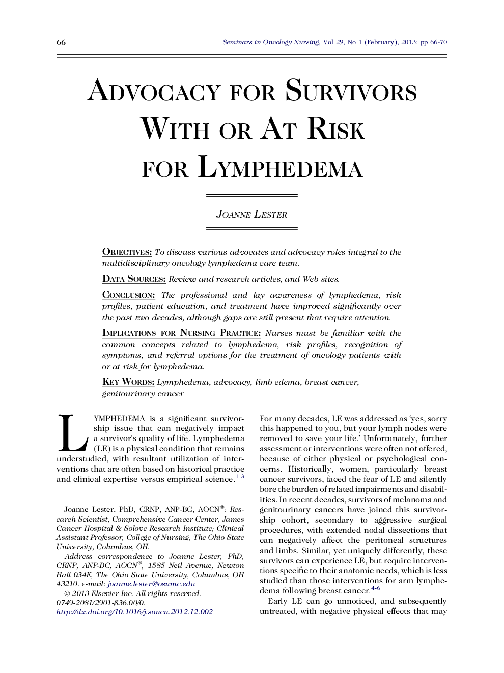 Advocacy for Survivors With or At Risk for Lymphedema