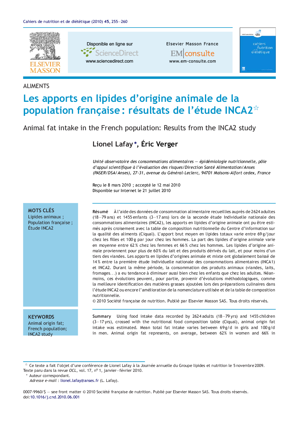 Les apports en lipides d'origine animale de la population françaiseÂ : résultats de l'étude INCA2