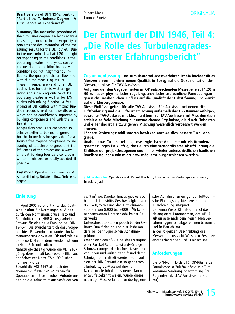 Der Entwurf der DIN 1946, Teil 4: „Die Rolle des Turbulenzgrades- Ein erster Erfahrungsbericht”