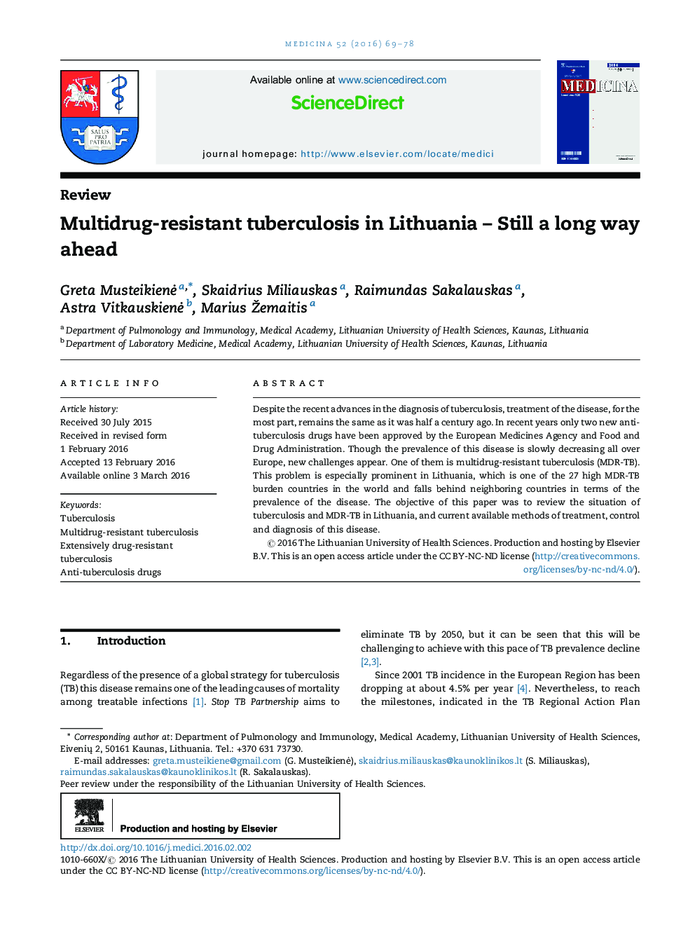 Multidrug-resistant tuberculosis in Lithuania – Still a long way ahead 