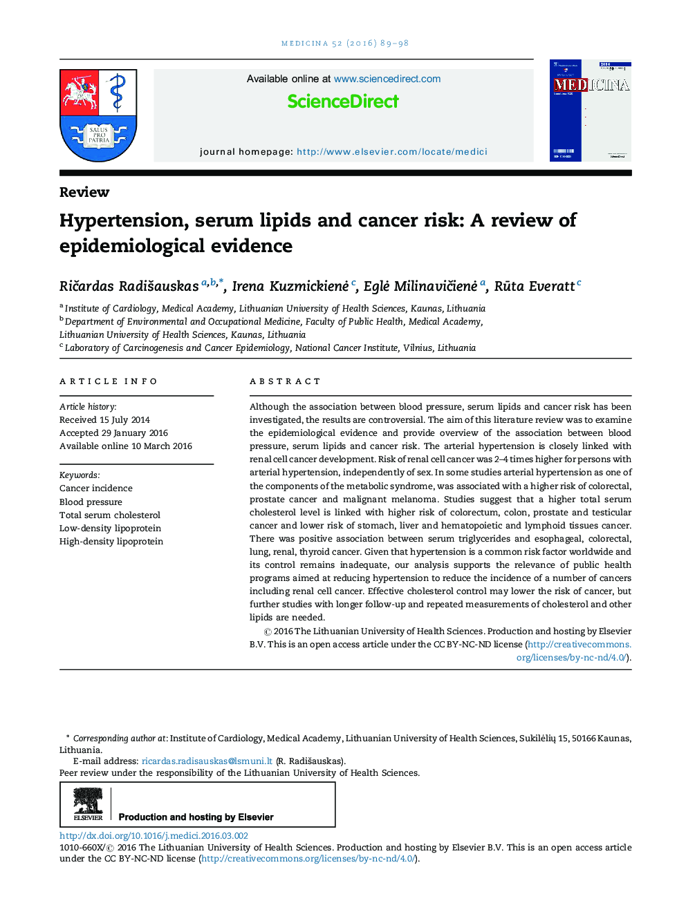 Hypertension, serum lipids and cancer risk: A review of epidemiological evidence 