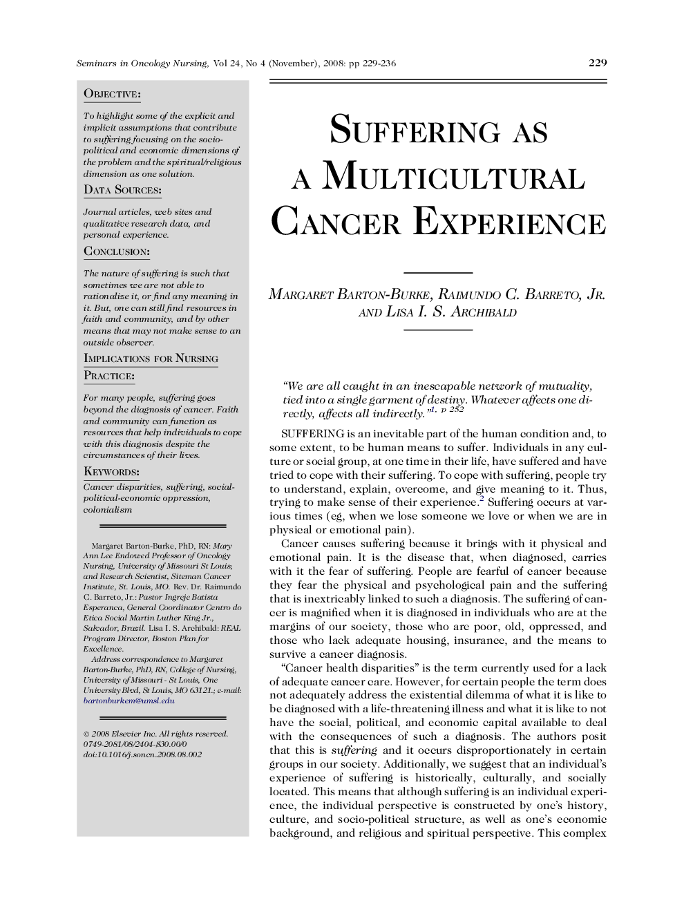 Suffering as a Multicultural Cancer Experience