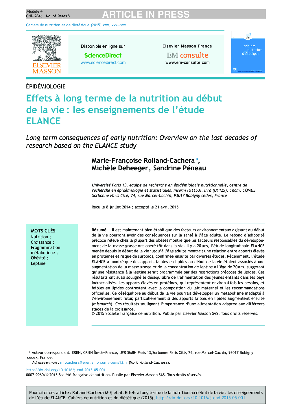 Effets Ã  long terme de la nutrition au début de la vieÂ : les enseignements de l'étude ELANCE