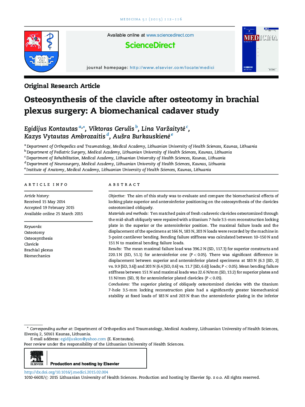 Osteosynthesis of the clavicle after osteotomy in brachial plexus surgery: A biomechanical cadaver study 