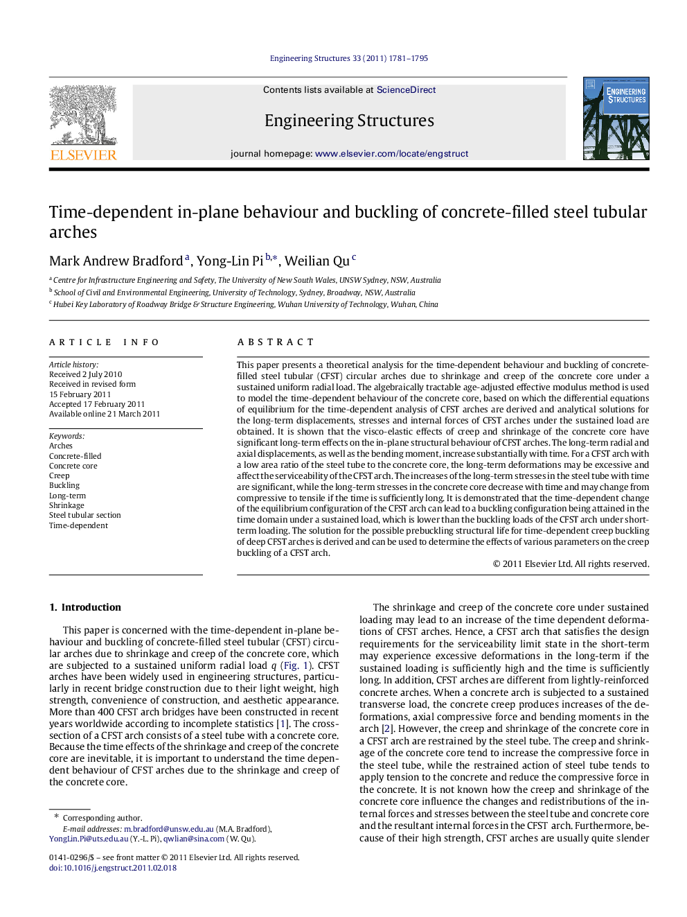 Time-dependent in-plane behaviour and buckling of concrete-filled steel tubular arches