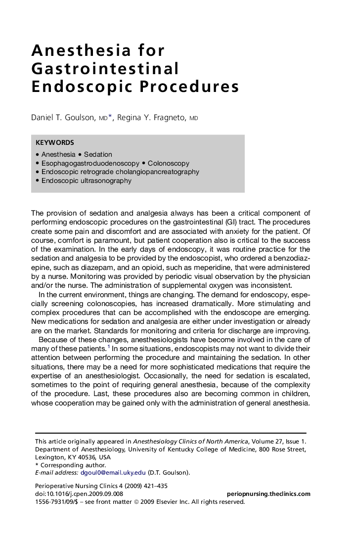 Anesthesia for Gastrointestinal Endoscopic Procedures