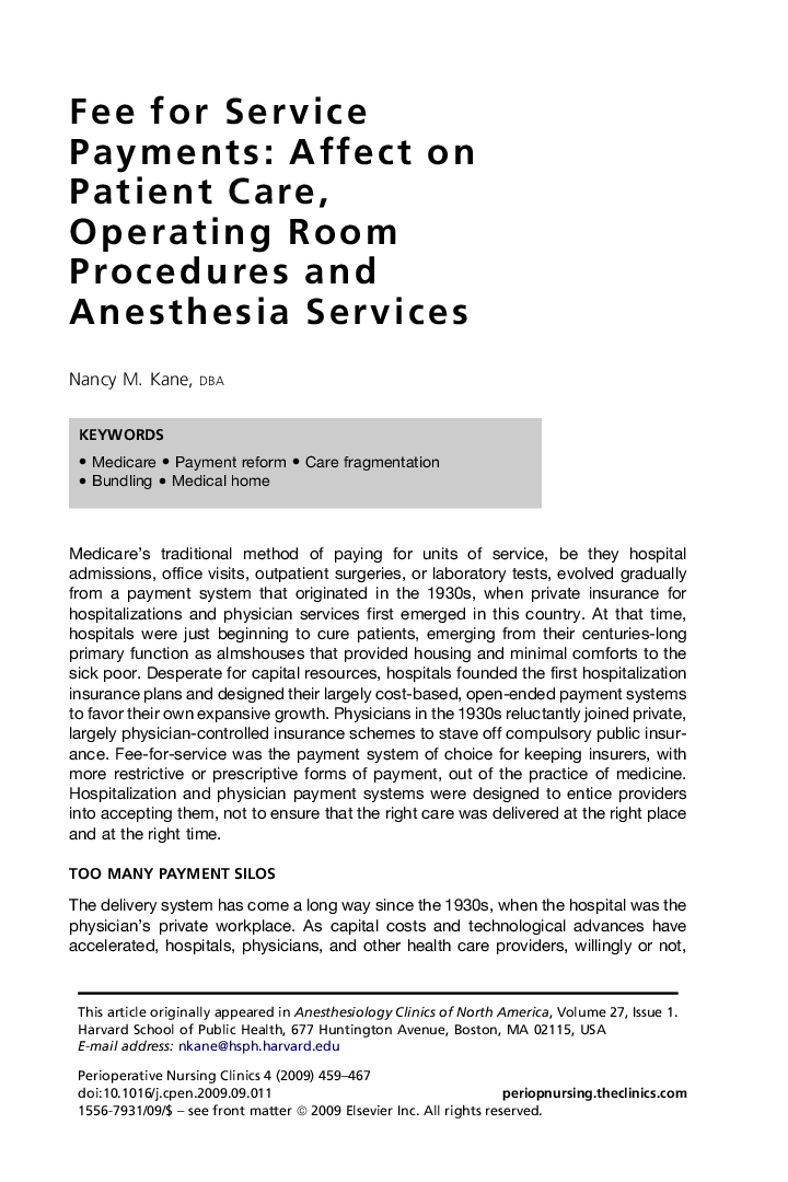 Fee for Service Payments: Affect on Patient Care, Operating Room Procedures and Anesthesia Services