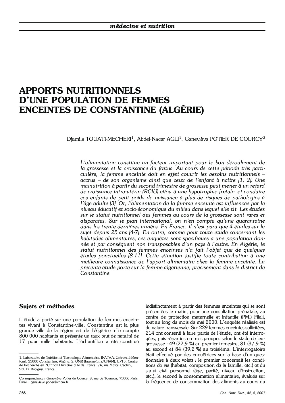 Apports nutritionnels d'une population de femmes enceintes de Constantine (Algérie)