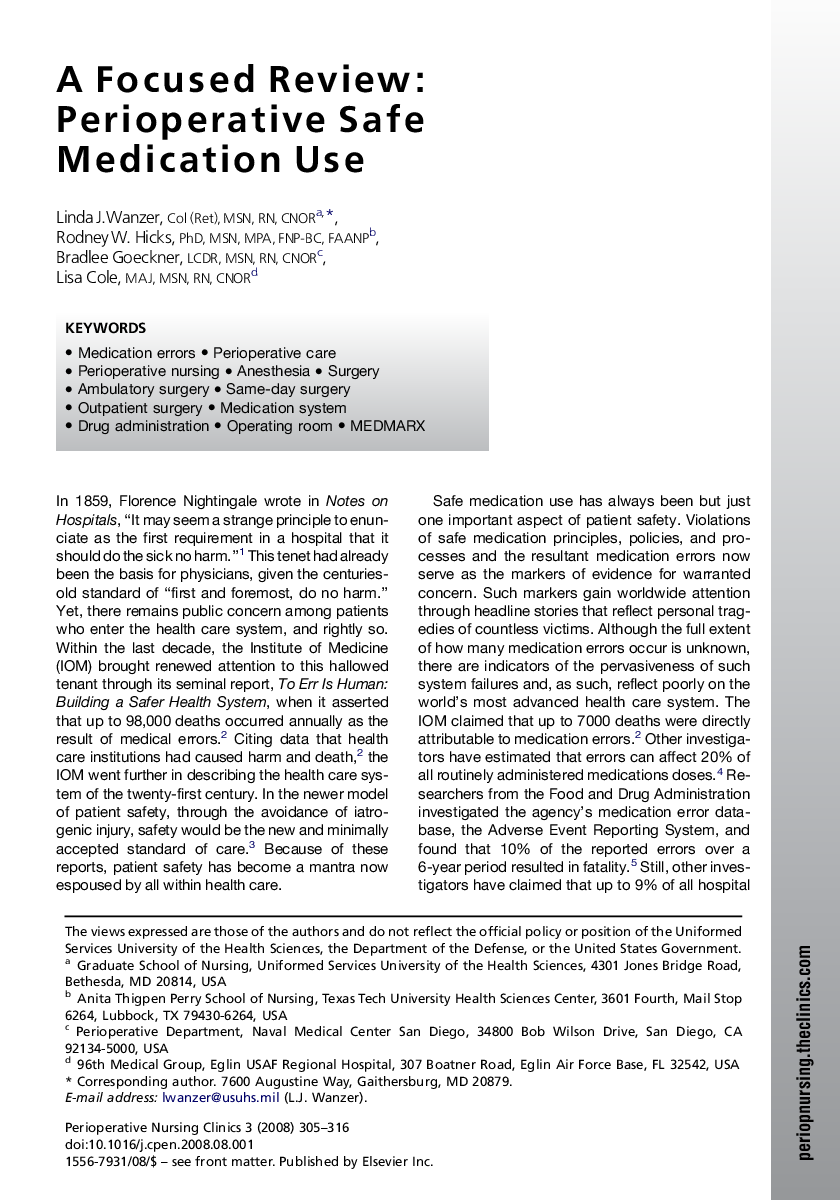 A Focused Review: Perioperative Safe Medication Use 