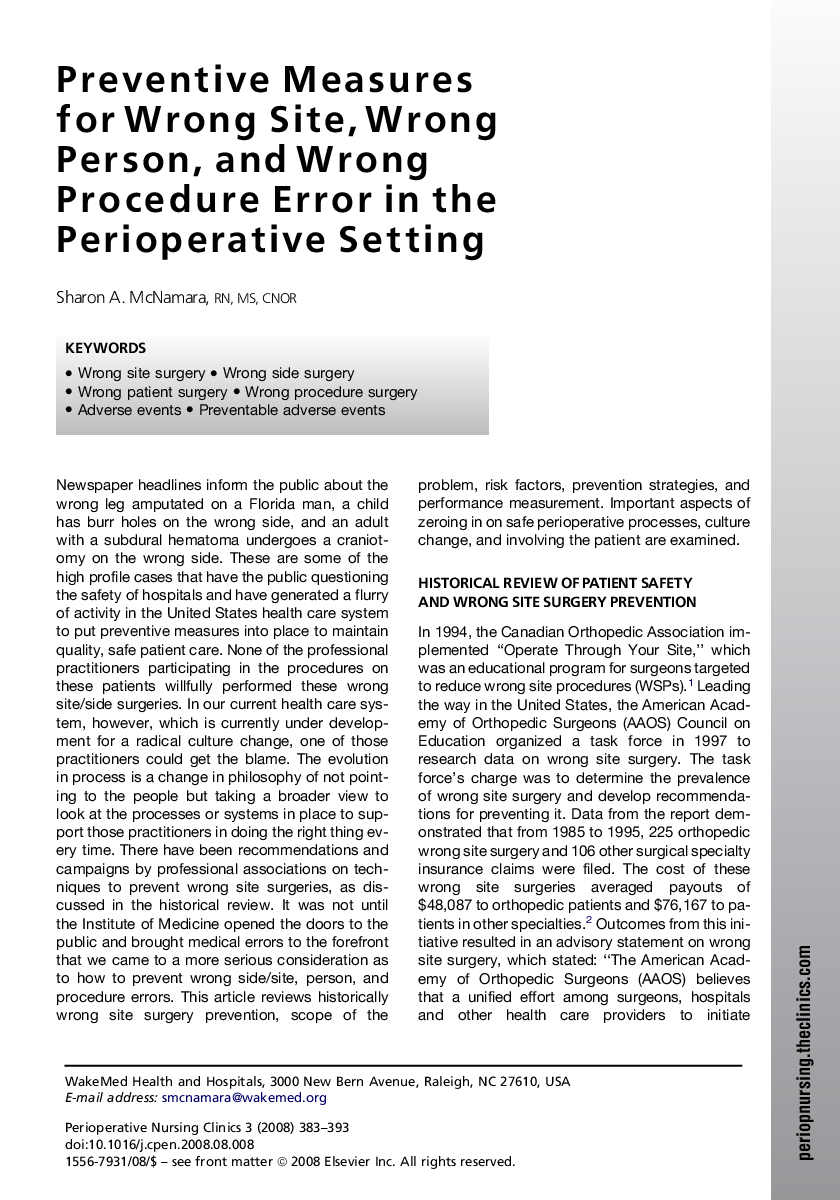 Preventive Measures for Wrong Site, Wrong Person, and Wrong Procedure Error in the Perioperative Setting