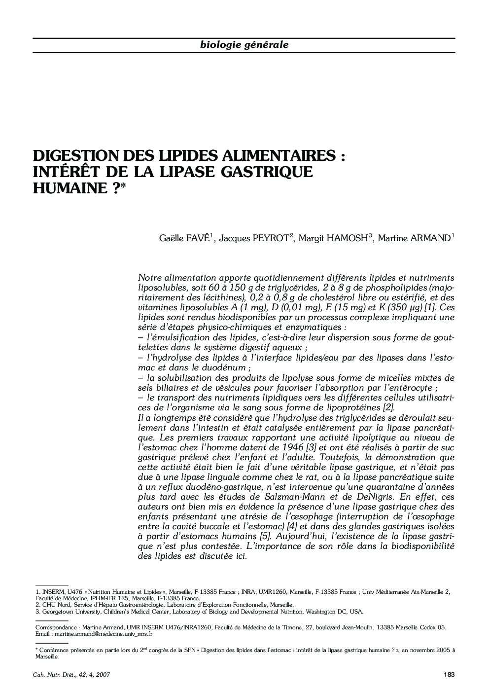 Digestion des lipides Alimentaires : intérÃªt de la lipase gastrique humaine ?