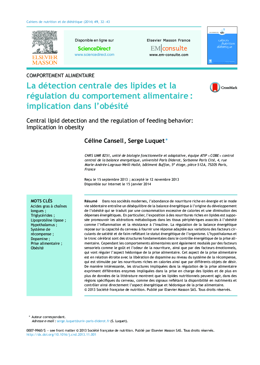 La détection centrale des lipides et la régulation du comportement alimentaireÂ : implication dans l'obésité