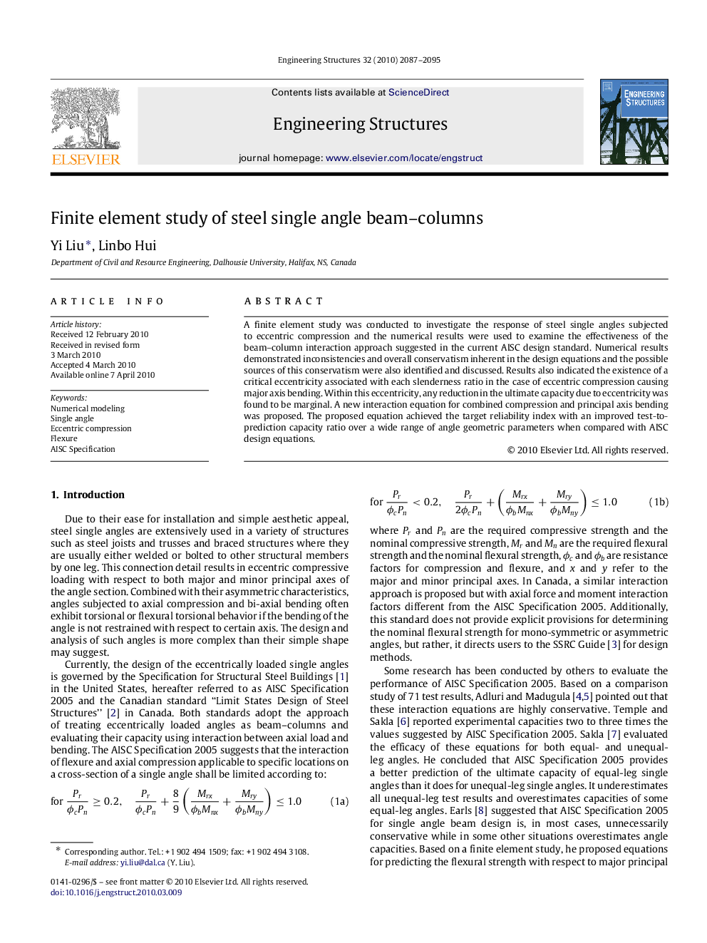 Finite element study of steel single angle beam–columns