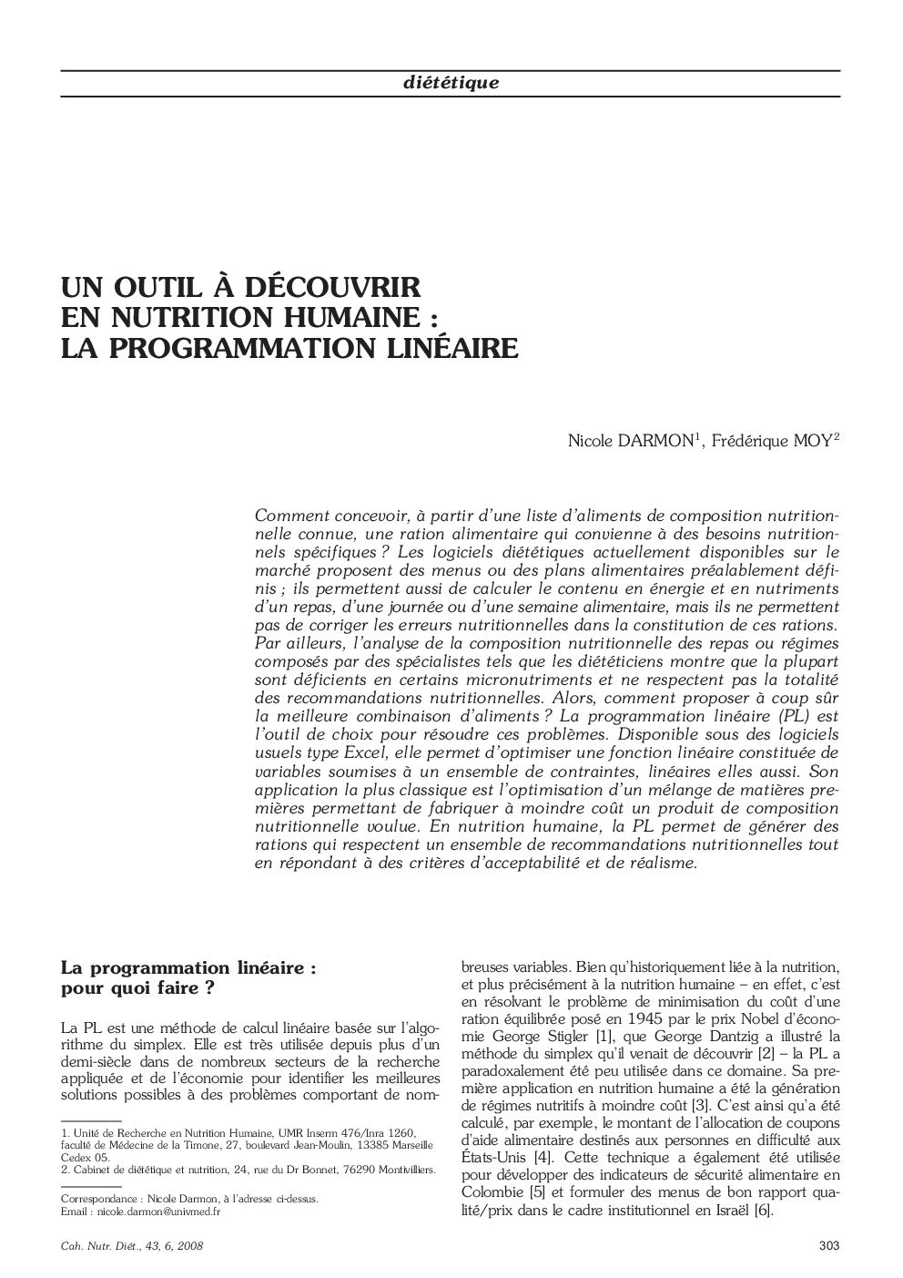 Un outil Ã  découvrir en nutrition humaine : la programmation linéaire