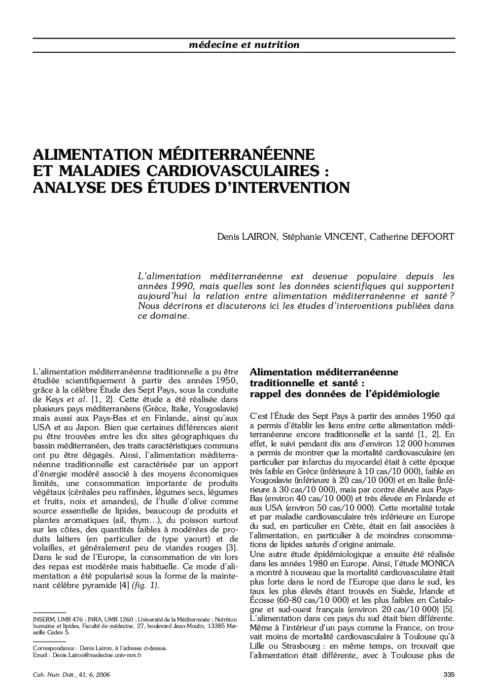 Alimentation méditerranéenne et maladies cardiovasculaires: analyse des études d'intervention