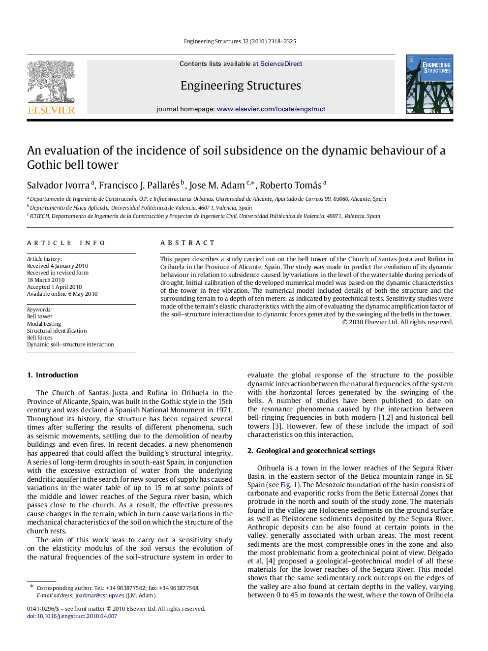 An evaluation of the incidence of soil subsidence on the dynamic behaviour of a Gothic bell tower