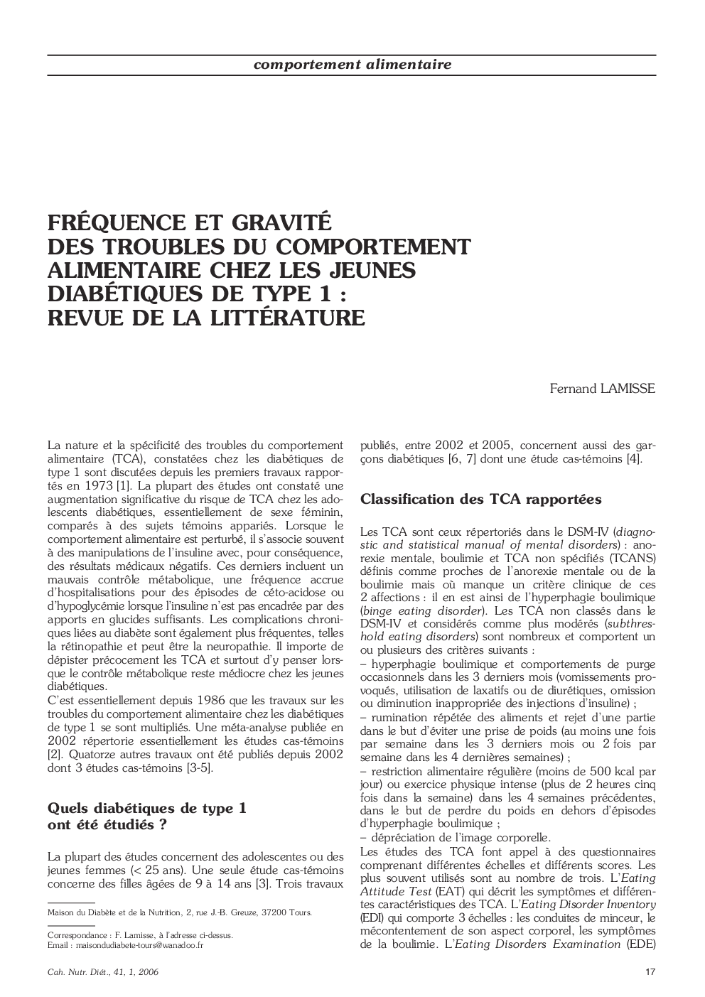 Fréquence et gravité des troubles du comportement alimentaire chez les jeunes diabétiques de type 1 : revue de la littérature