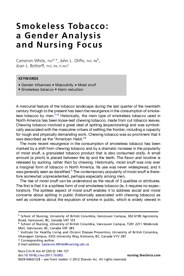 Smokeless Tobacco: a Gender Analysis and Nursing Focus