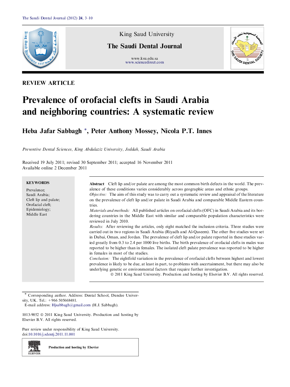 Prevalence of orofacial clefts in Saudi Arabia and neighboring countries: A systematic review