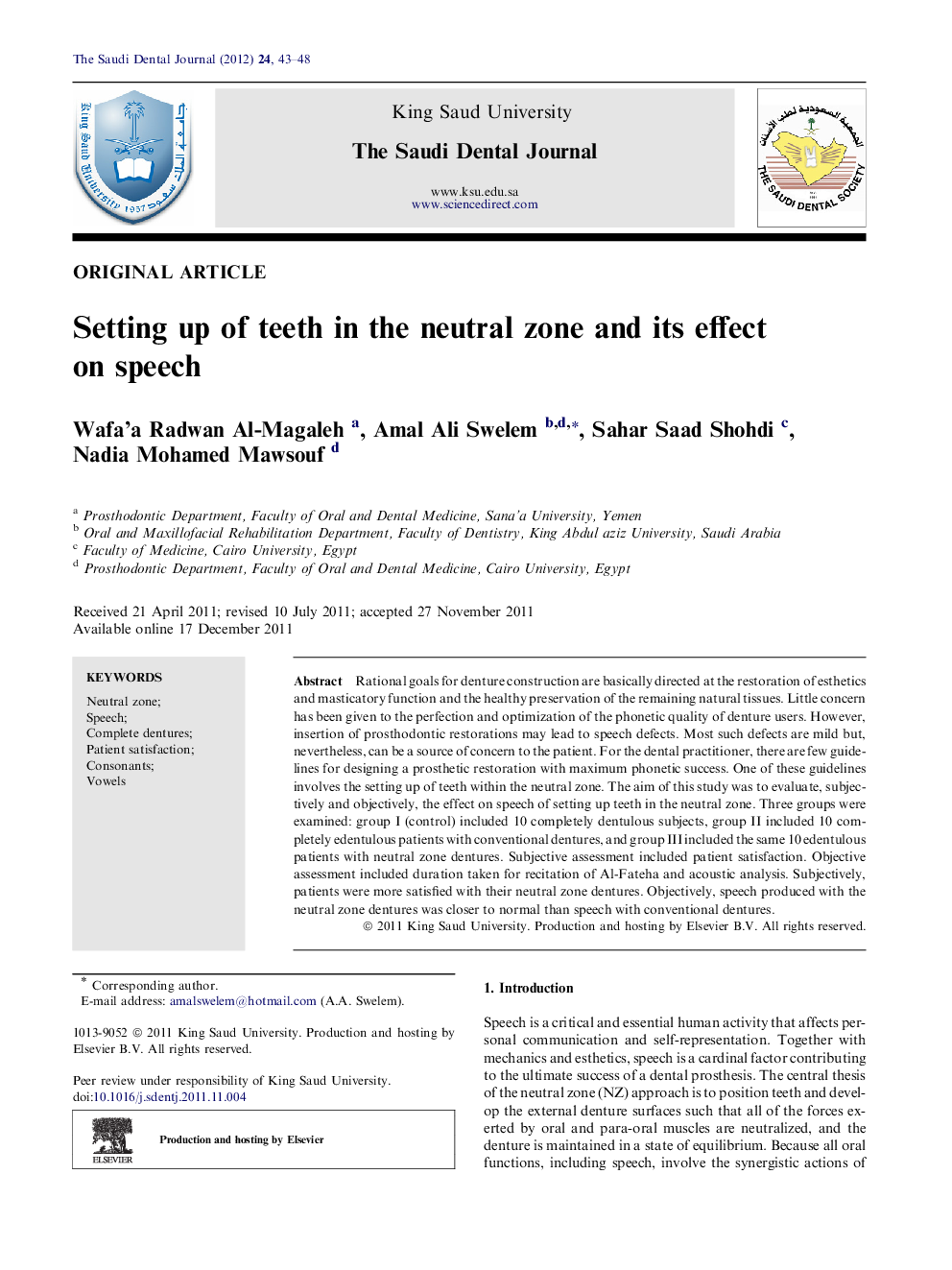 Setting up of teeth in the neutral zone and its effect on speech