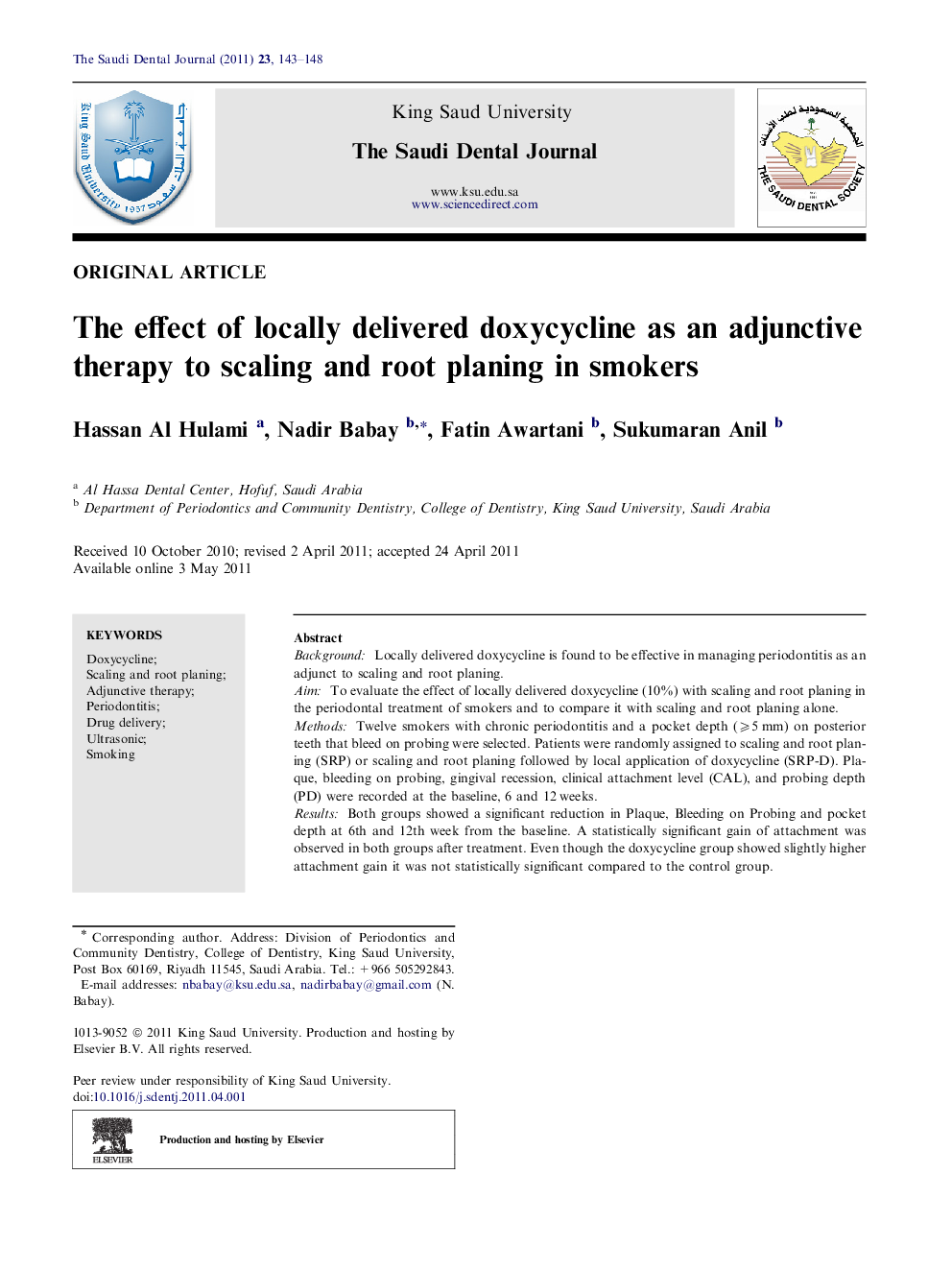 The effect of locally delivered doxycycline as an adjunctive therapy to scaling and root planing in smokers