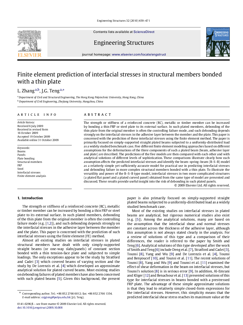 Finite element prediction of interfacial stresses in structural members bonded with a thin plate